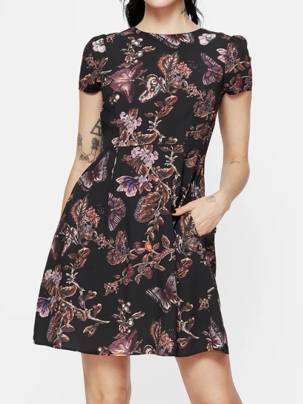Disturbia Black Mini Dress with Pink and Purple Butterfly Print
